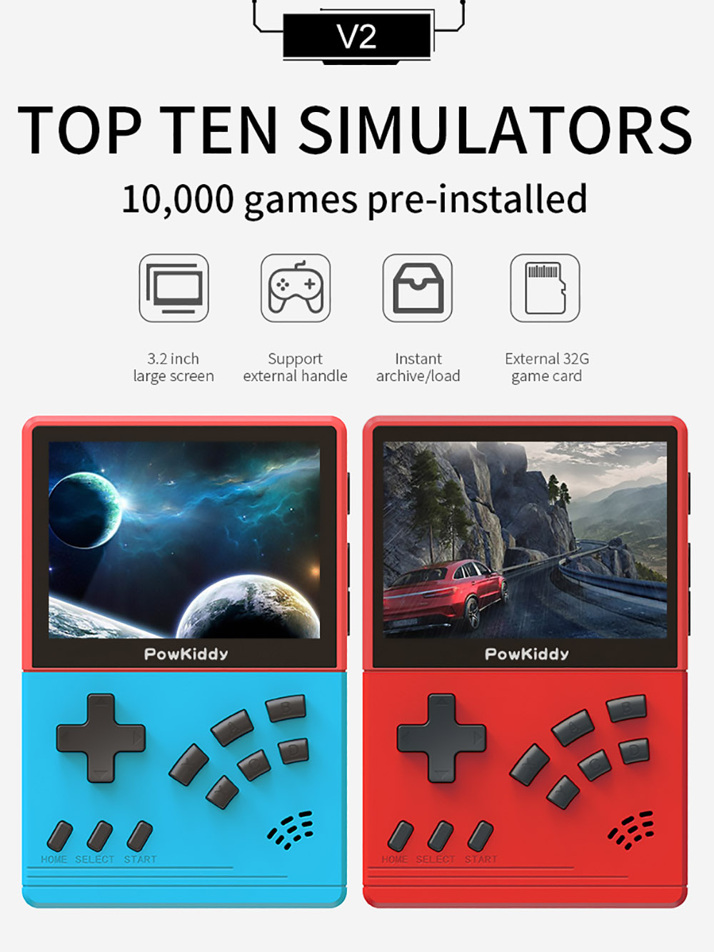Powkiddy V2 Retro Game Pocket Console 32GB 3.2-inch Screen 10+ Simulators 10000+ Games Kids Gift - Bule Red