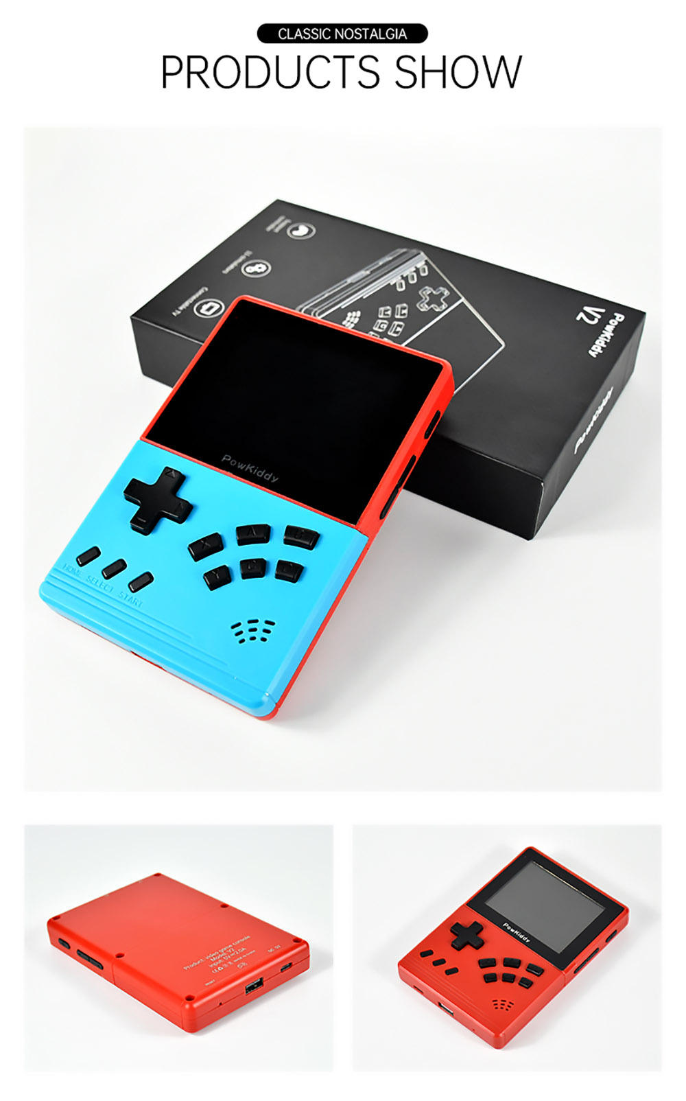 Powkiddy V2 Retro Game Pocket Console 32GB 3.2-inch Screen 10+ Simulators 10000+ Games Kids Gift - Bule Red