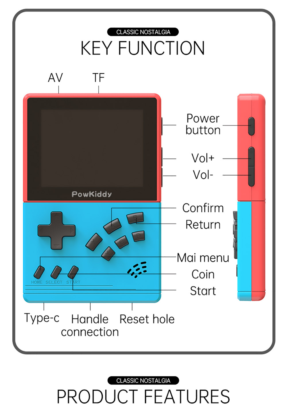 Powkiddy V2 Retro Game Pocket Console 32GB 3.2-inch Screen 10+ Simulators 10000+ Games Kids Gift - Bule Red