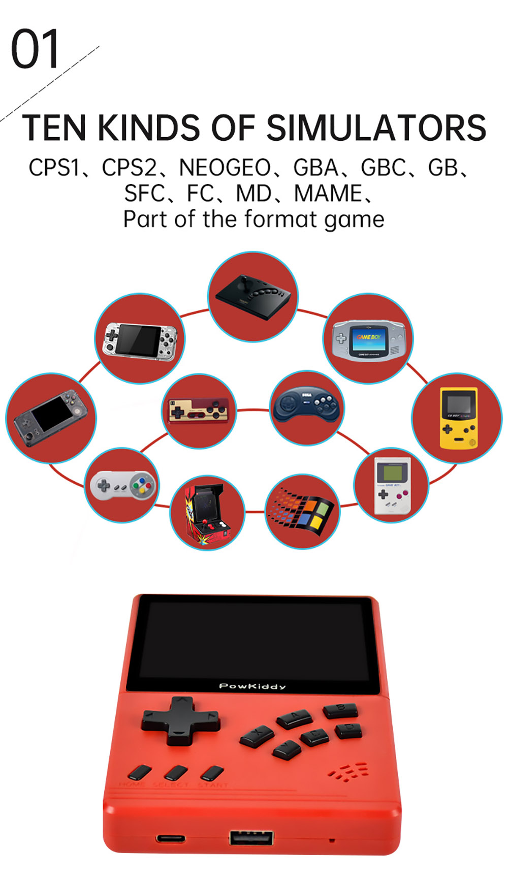 Powkiddy V2 Retro Game Pocket Console 32GB 3.2-inch Screen 10+ Simulators 10000+ Games Kids Gift - Bule Red
