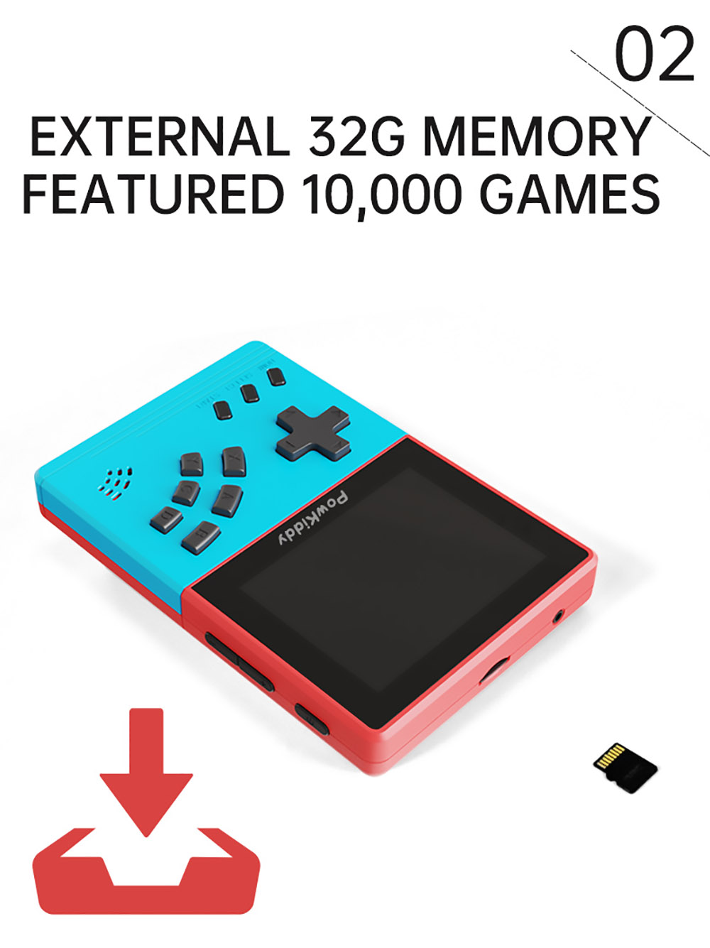 Powkiddy V2 Retro Game Pocket Console 32GB 3.2-inch Screen 10+ Simulators 10000+ Games Kids Gift - Bule Red