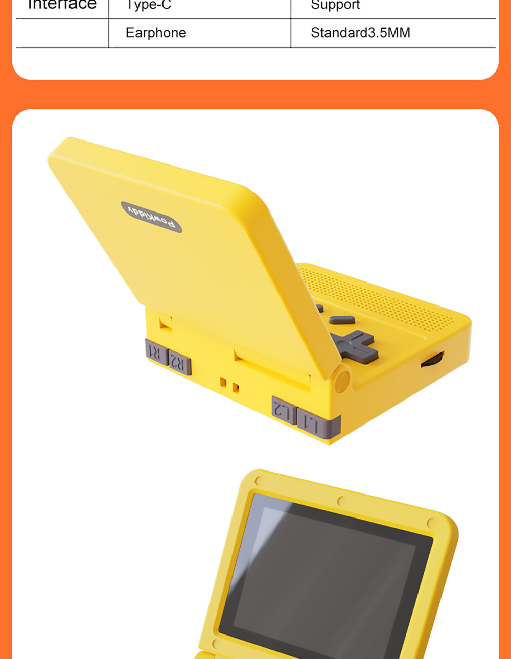 Powkiddy V90 3-Inch IPS Screen Flip Handheld Game Console 64GB Retro Dual Open System 16 Simulators Kids Gift - Yellow