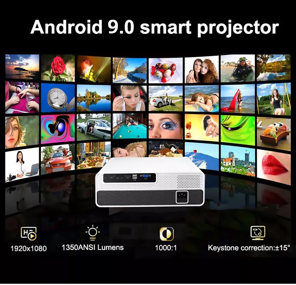 Q9 Android LCD Projector 1920*1080 Full HD 1080P 1350 ANSI Lumens for Family Education and Business with EU Plug