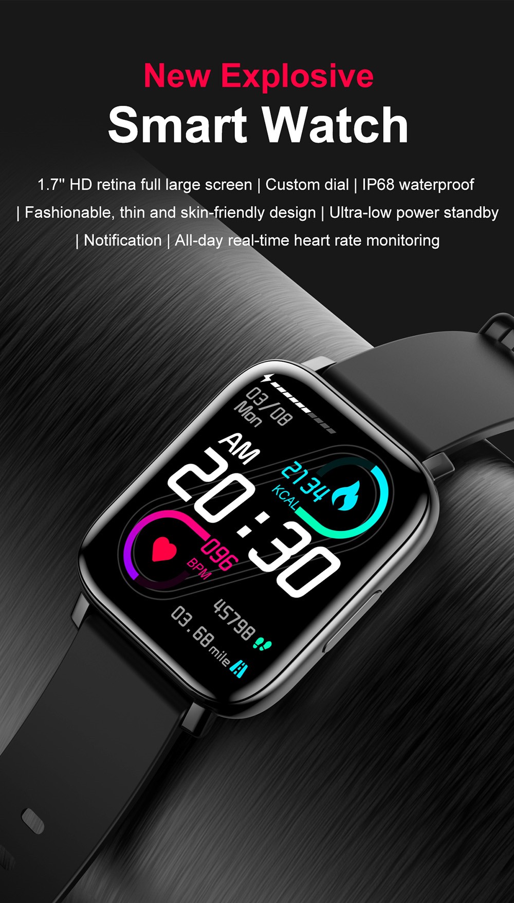 SENBONO GTS Smartwatch 1.7'' Square Screen 24 Sport Models IP68 Waterproof Fitness Tracker for iOS Android Huawei Black