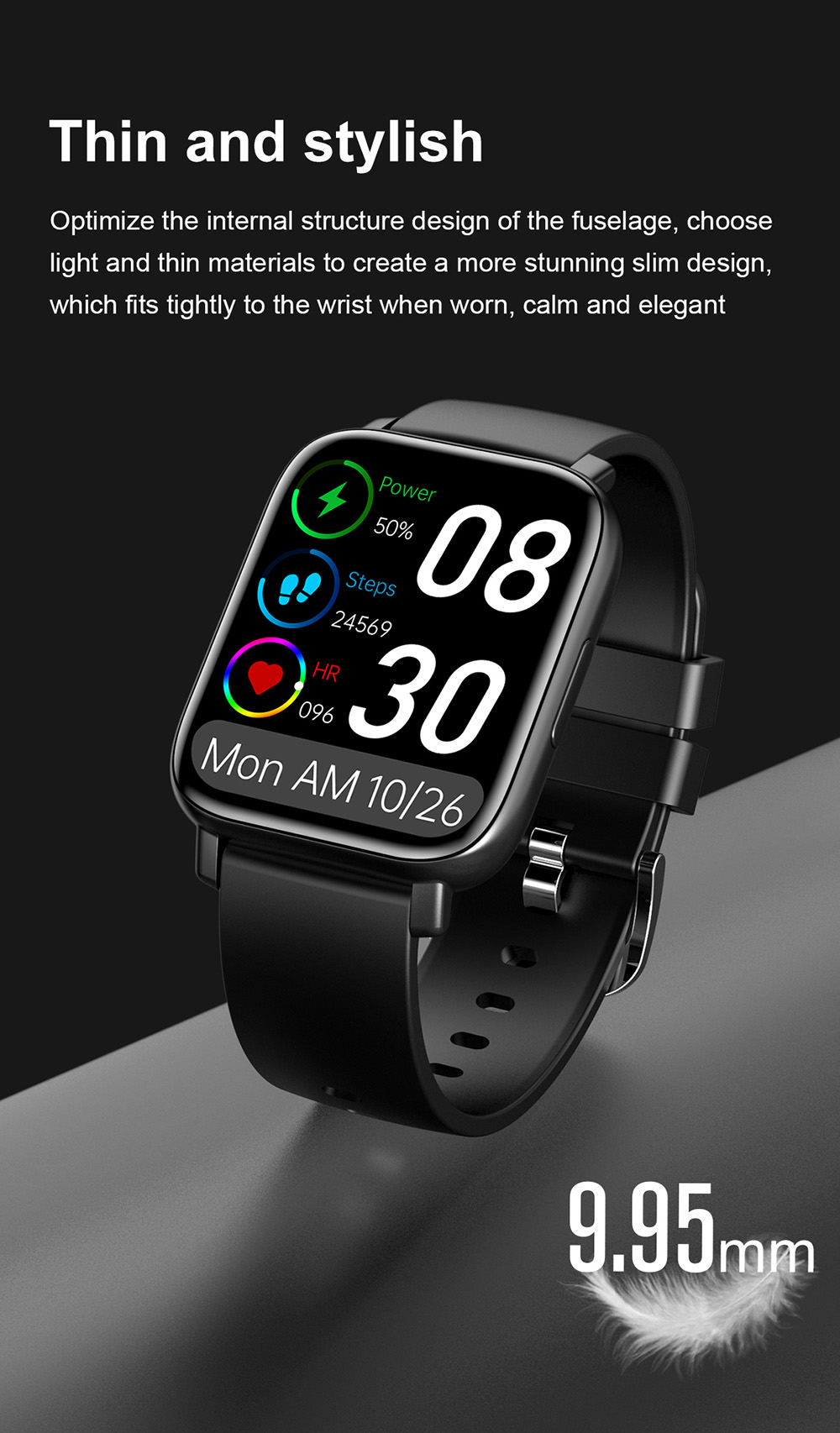 SENBONO GTS Smartwatch 1.7'' Square Screen 24 Sport Models IP68 Waterproof Fitness Tracker for iOS Android Huawei Black