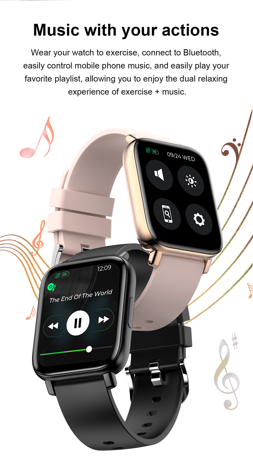 SENBONO GTS Smartwatch 1.7'' Square Screen 24 Sport Models IP68 Waterproof Fitness Tracker for iOS Android Huawei Black