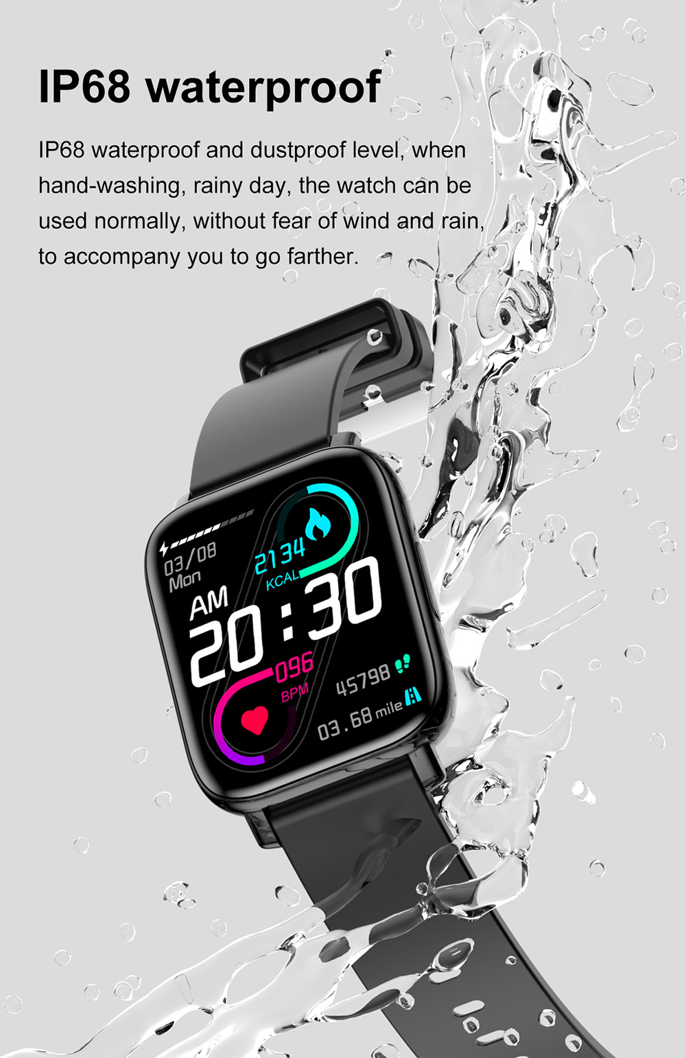SENBONO GTS Smartwatch 1.7'' Square Screen 24 Sport Models IP68 Waterproof Fitness Tracker for iOS Android Huawei Black