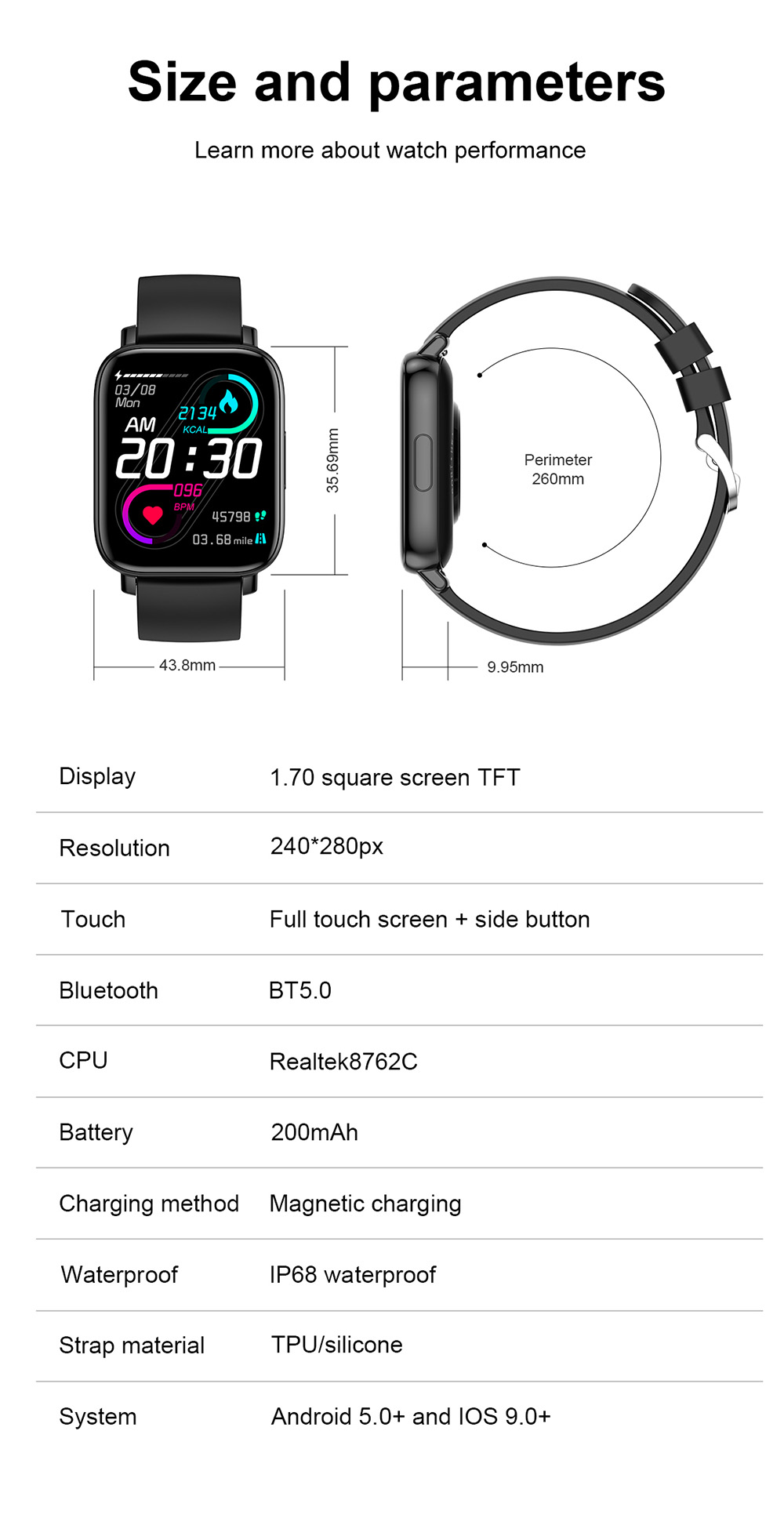 SENBONO GTS Smartwatch 1.7'' Square Screen 24 Sport Models IP68 Waterproof Fitness Tracker for iOS Android Huawei Black