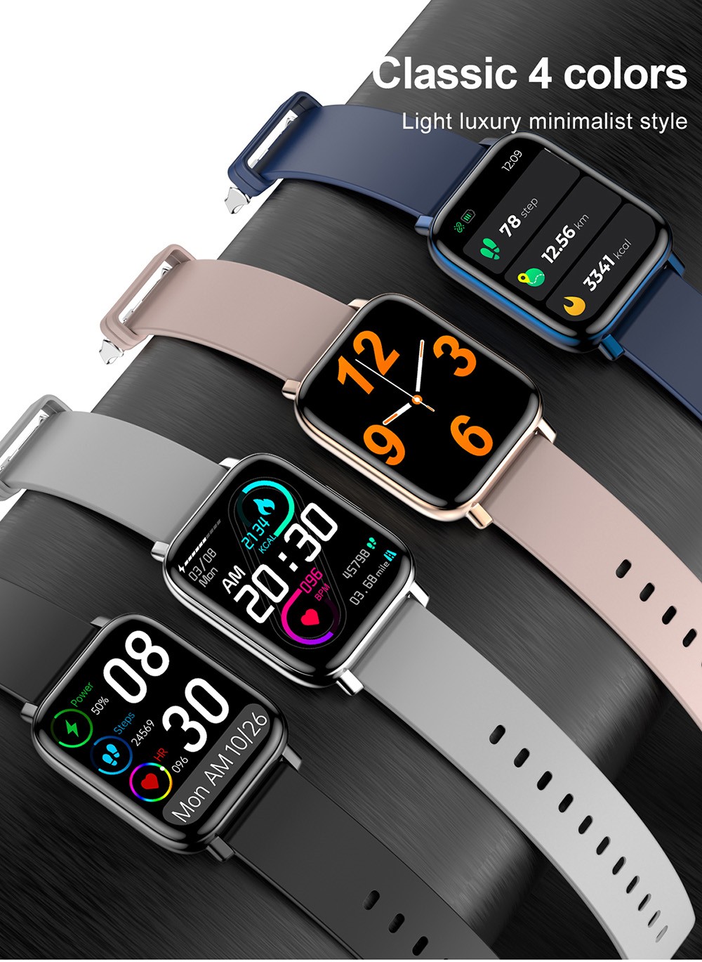 SENBONO GTS Smartwatch 1.7'' Square Screen 24 Sport Models IP68 Waterproof Fitness Tracker for iOS Android Huawei Black