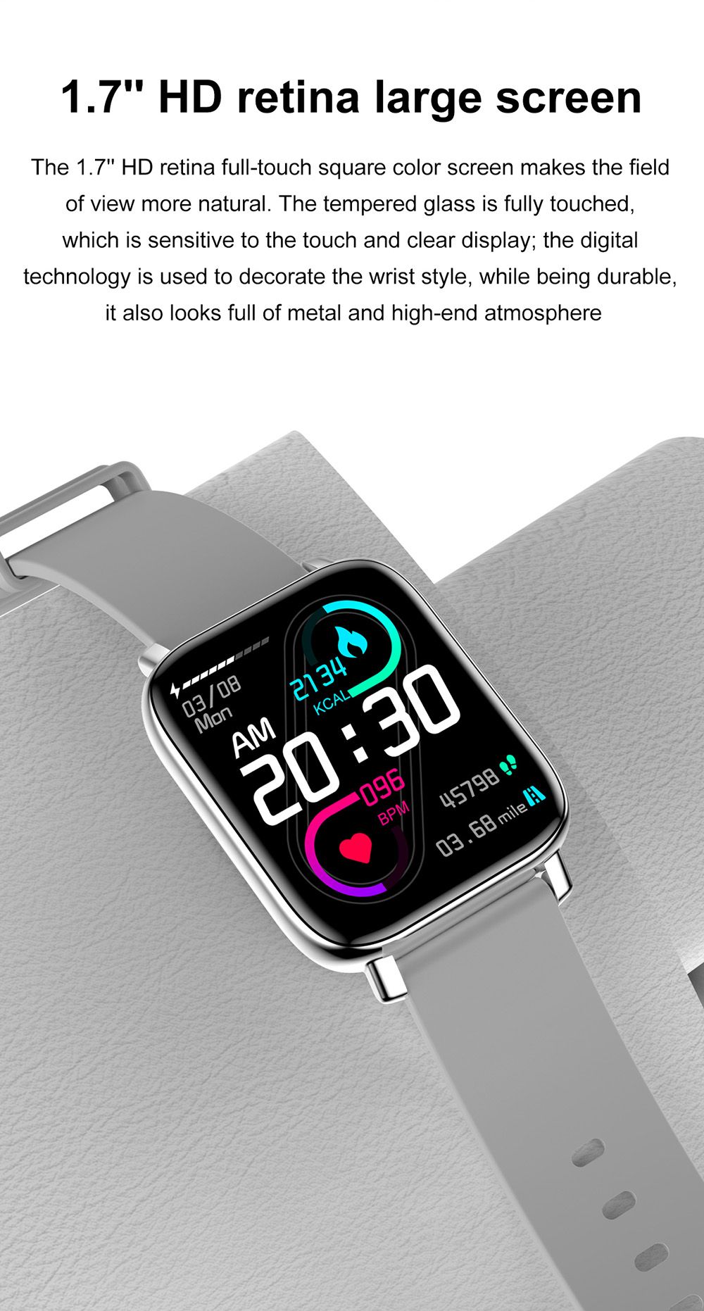 SENBONO GTS Smartwatch 1.7'' Square Screen 24 Sport Models IP68 Waterproof Fitness Tracker for iOS Android Huawei Black