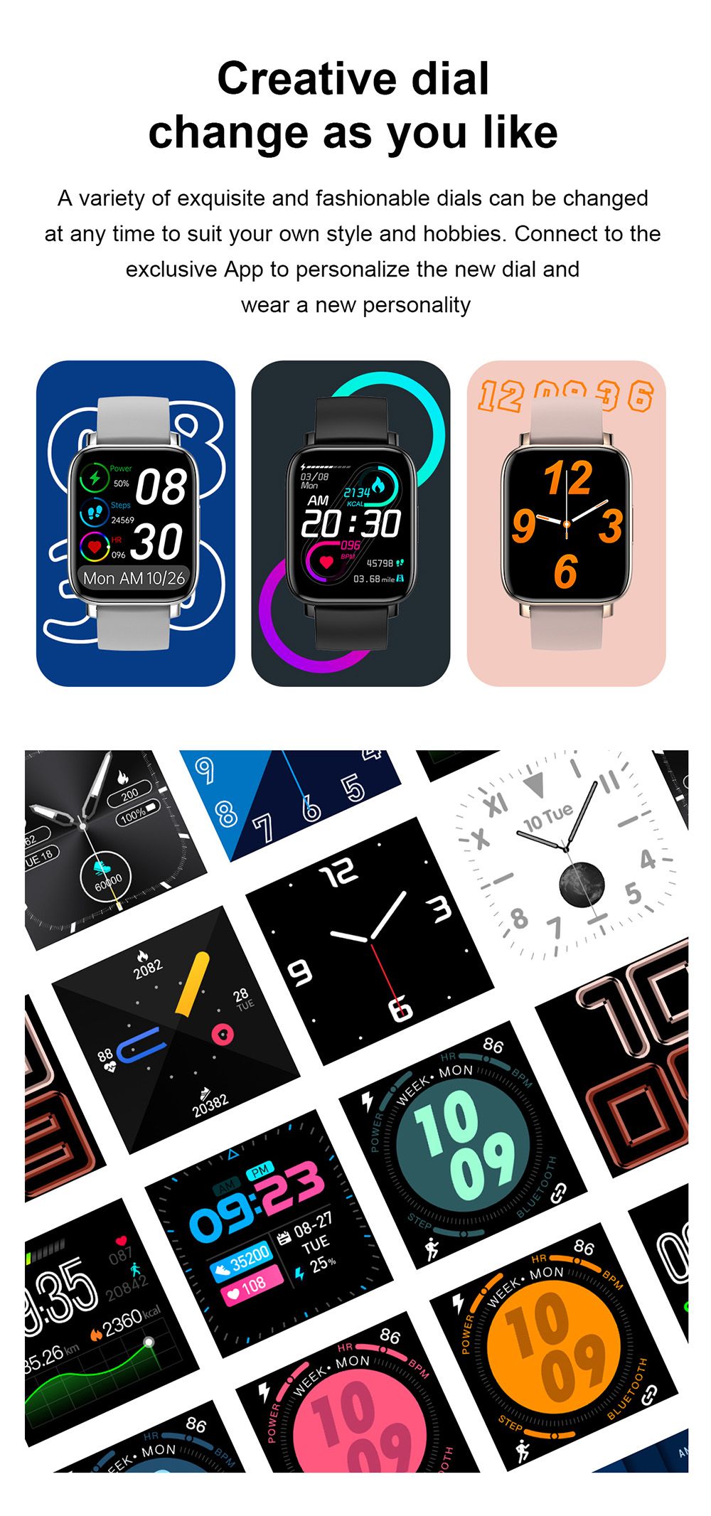 SENBONO GTS Smartwatch 1.7'' Square Screen 24 Sport Models IP68 Waterproof Fitness Tracker for iOS Android Huawei Black