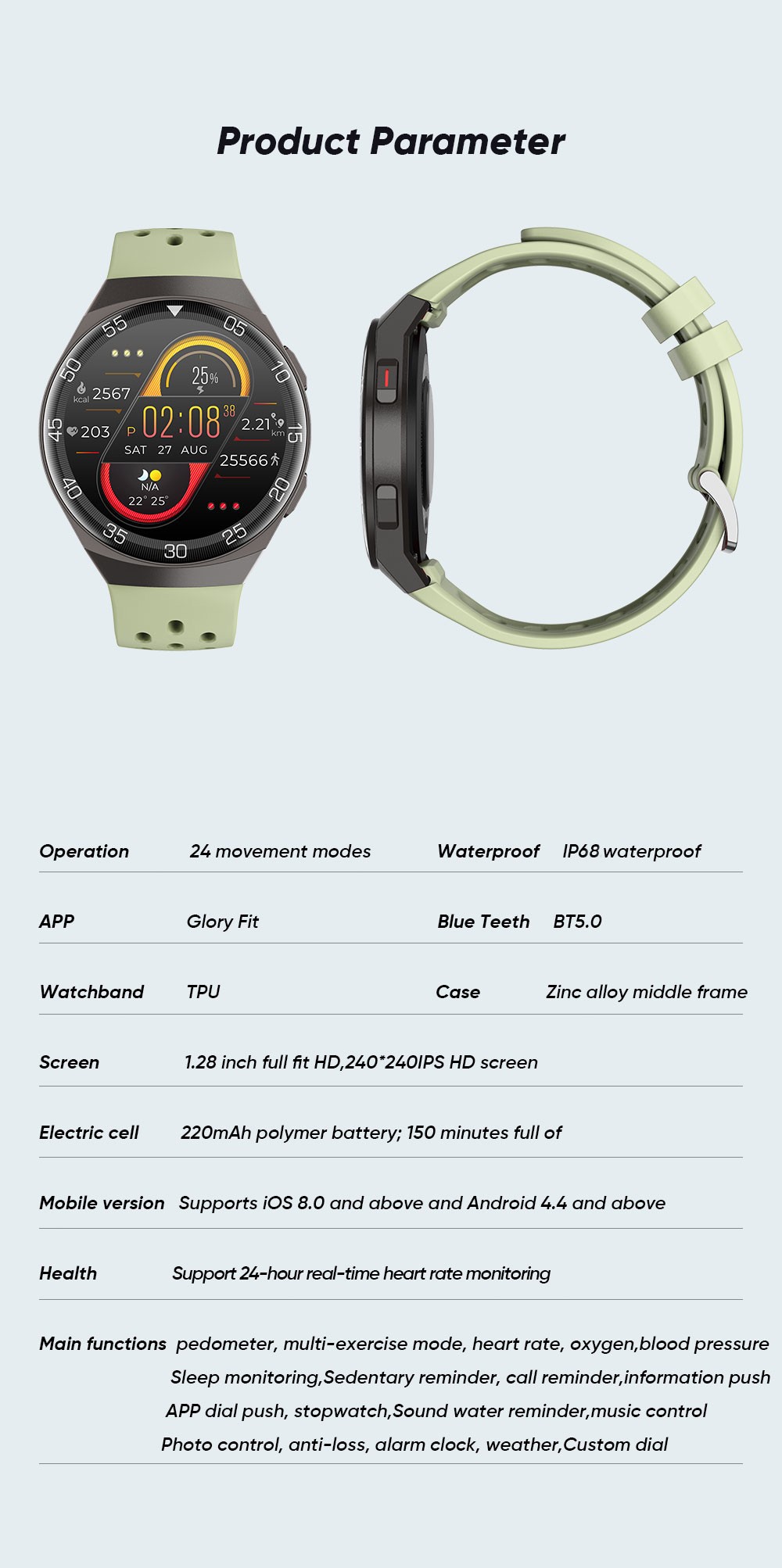 SENBONO MAX1 Smartwatch Multi Watch Face Fitness Tracker Support SpO2/HR/BP Monitor for iOS Android - Green