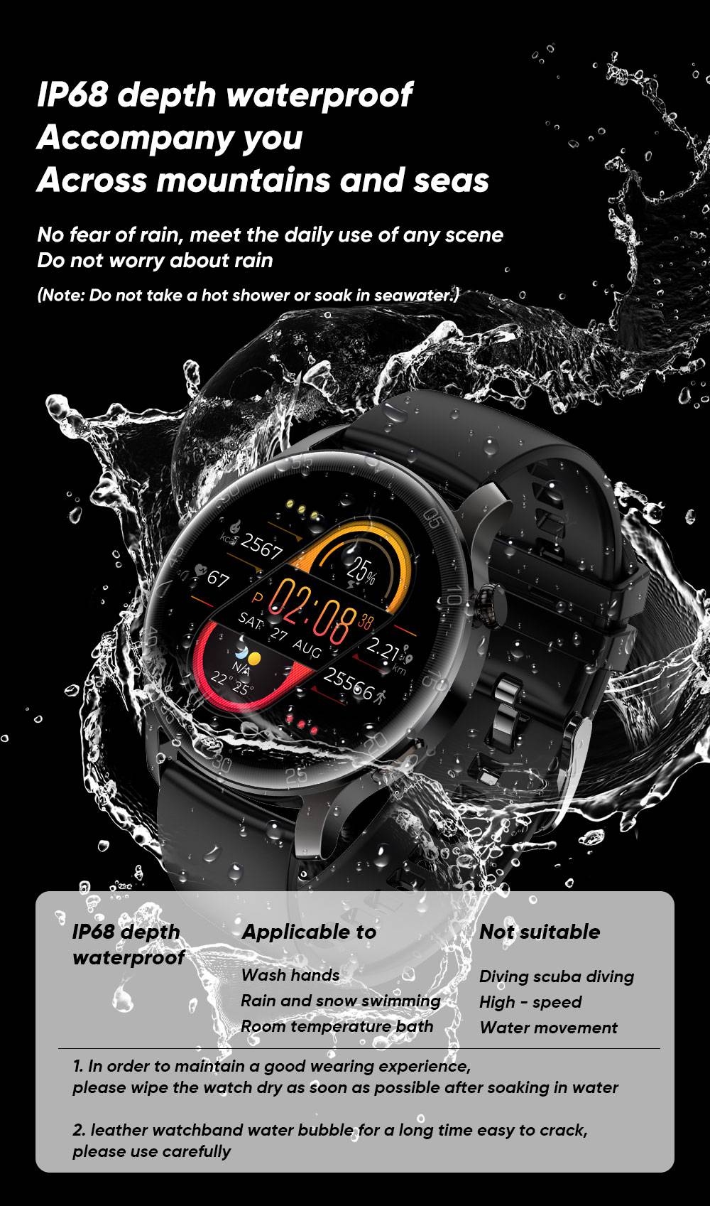 SENBONO Max2 Smartwatch for Men Touch Screen 24 Sports Modes Waterproof Fitness Tracker for iOS Android Black Leather