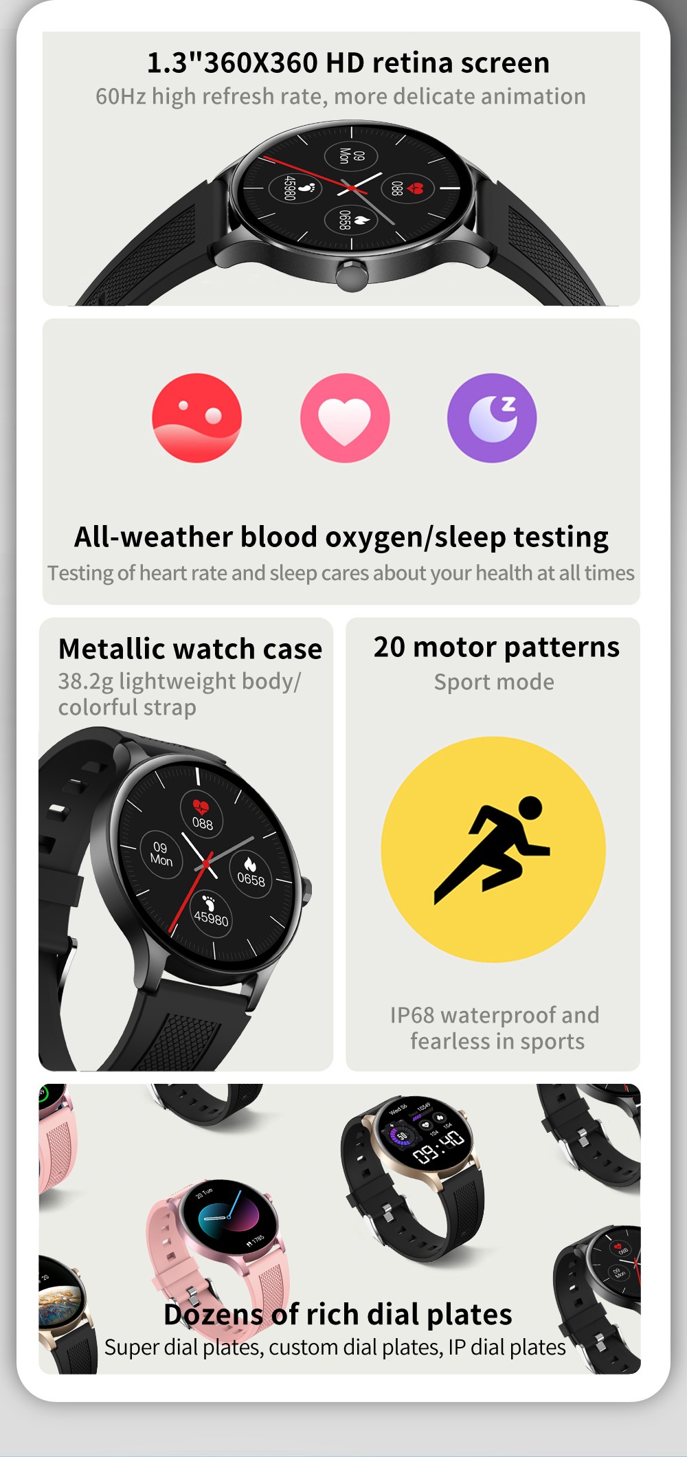 SENBONO NY20 Smartwatch Round Full Touch Screen Sports Watch Waterproof Fitness Tracker for iOS Android Black Silicone