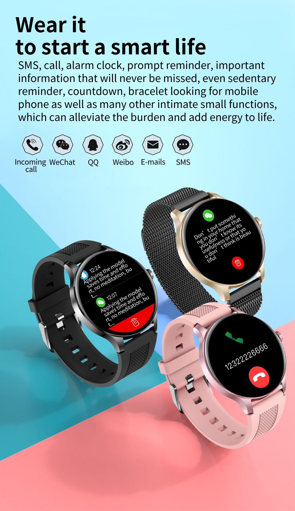 SENBONO NY20 Smartwatch Round Full Touch Screen Sports Watch Waterproof Fitness Tracker for iOS Android Black Silicone