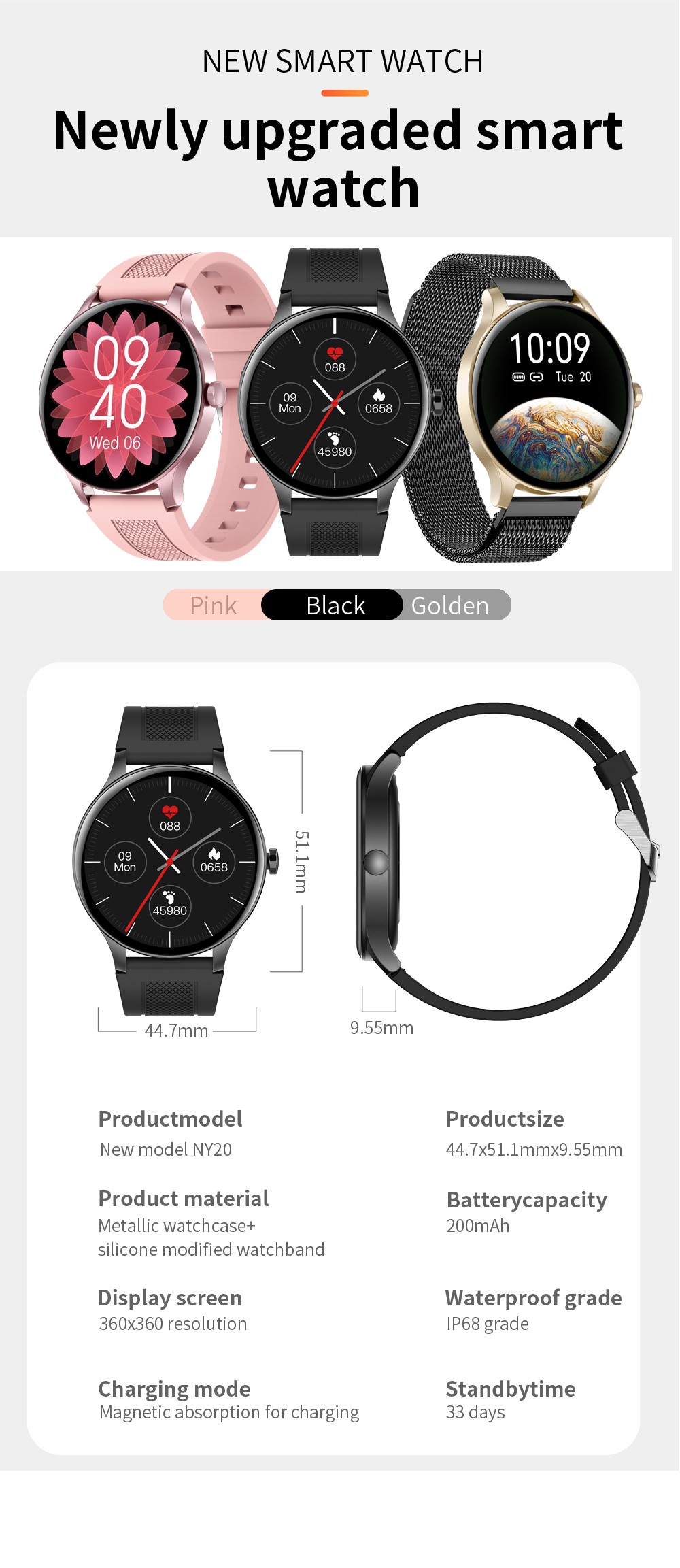 SENBONO NY20 Smartwatch Round Full Touch Screen Sports Watch Waterproof Fitness Tracker for iOS Android Gold Silicone