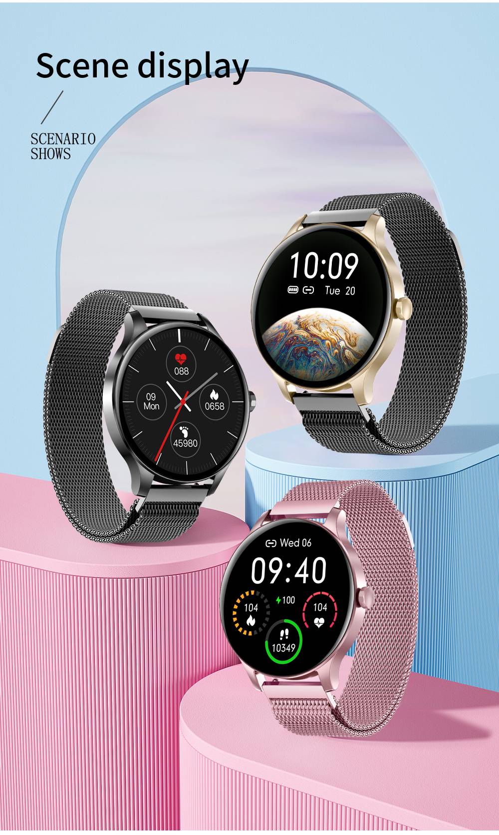 SENBONO NY20 Smartwatch Round Full Touch Screen Sports Watch Waterproof Fitness Tracker for iOS Android Gold Silicone