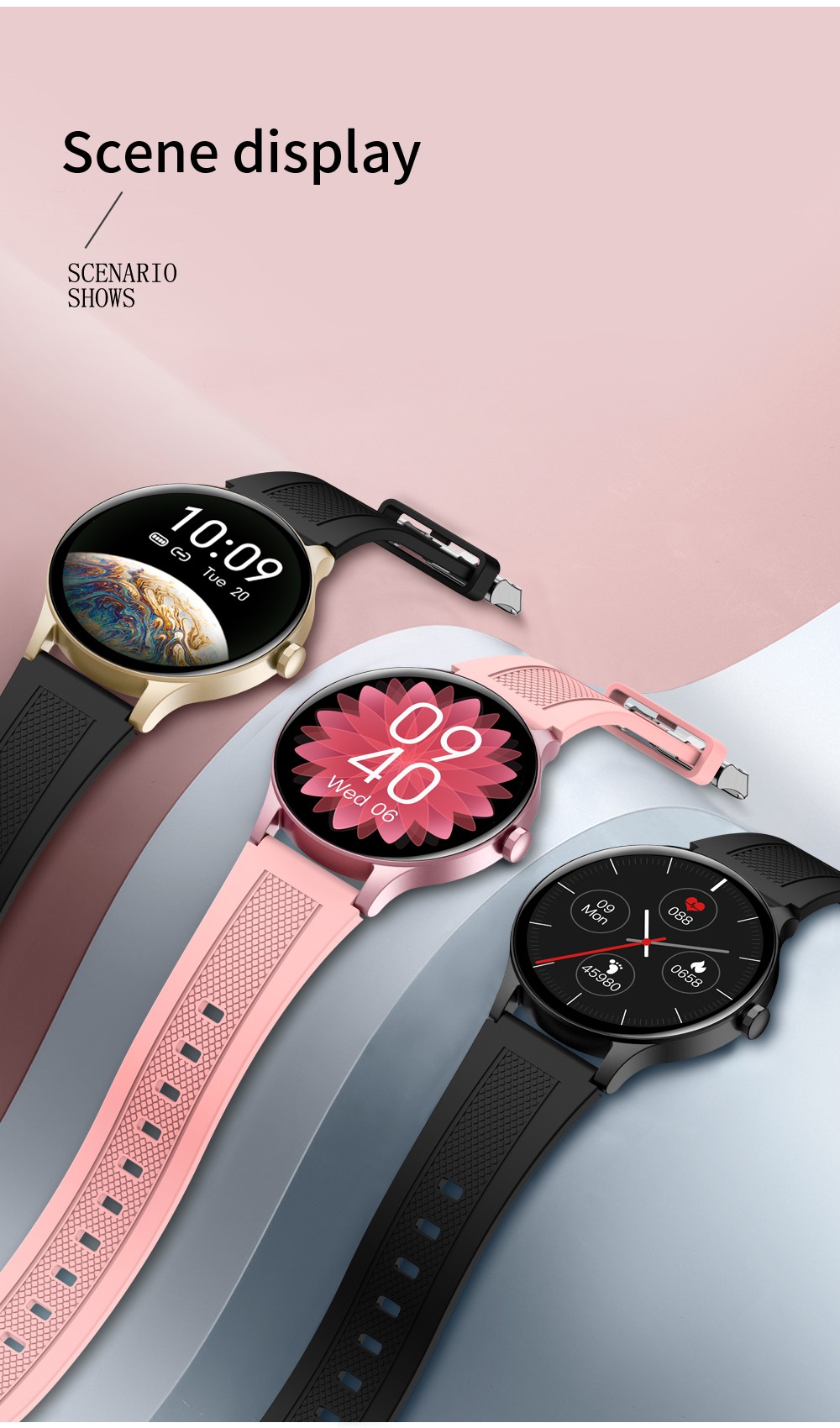SENBONO NY20 Smartwatch Round Full Touch Screen Sports Watch Waterproof Fitness Tracker for iOS Android Gold Silicone