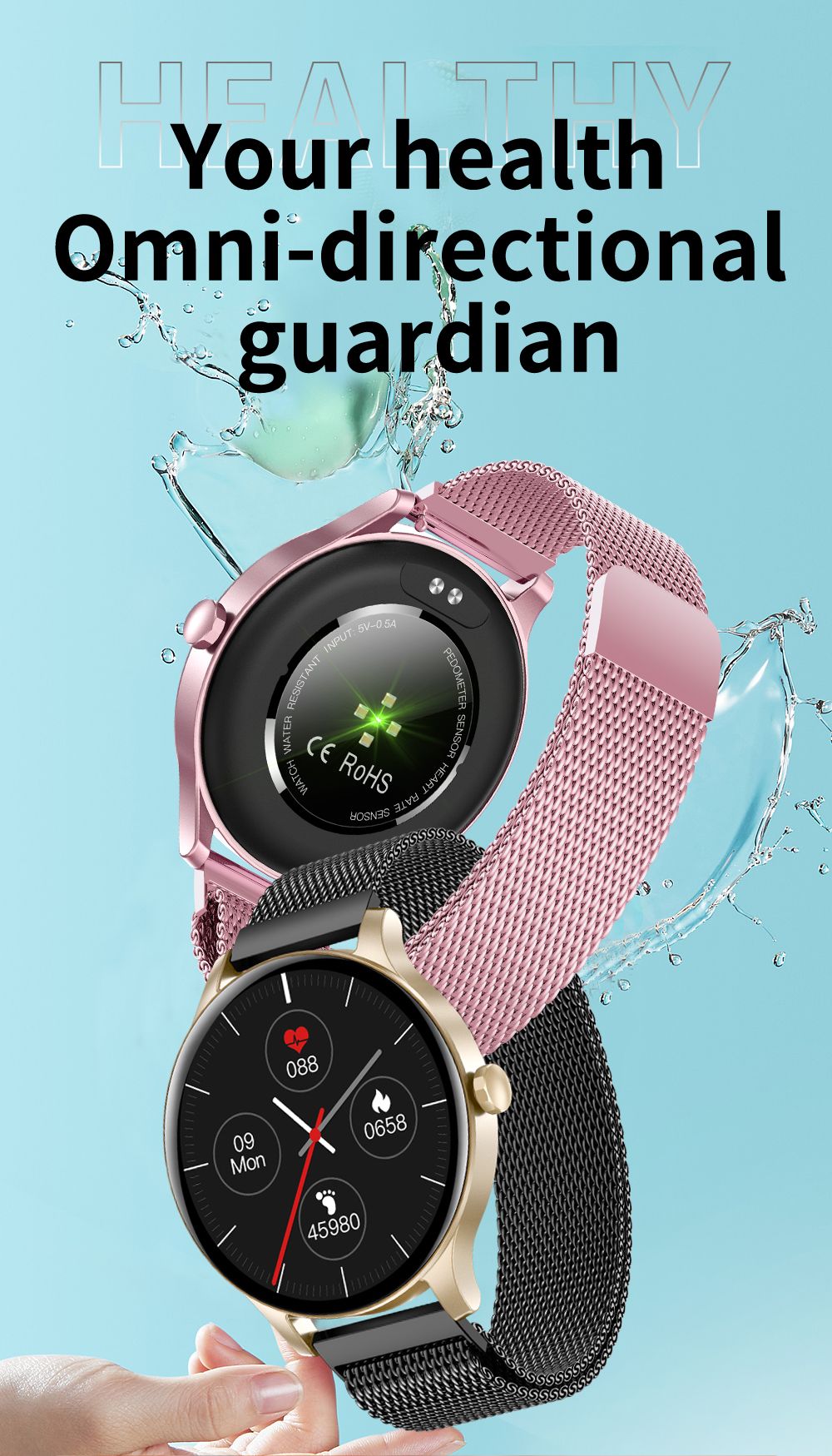 SENBONO NY20 Smartwatch Round Full Touch Screen Sports Watch Waterproof Fitness Tracker for iOS Android Gold Silicone