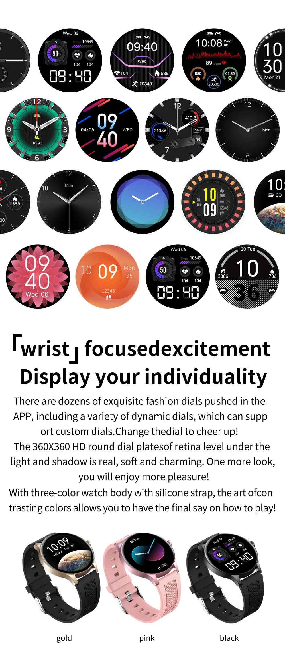SENBONO NY20 Smartwatch Round Full Touch Screen Sports Watch Waterproof Fitness Tracker for iOS Android Gold Silicone