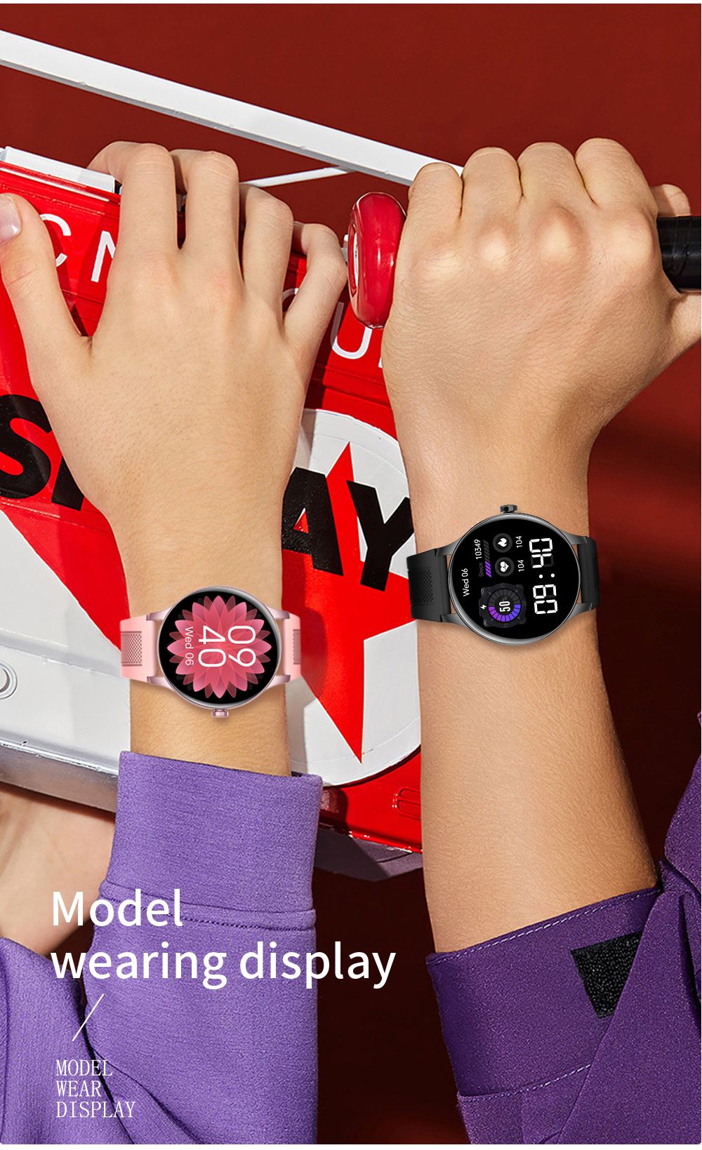 SENBONO NY20 Women Smartwatch Round Full Touch Screen Sports Watch Waterproof Fitness Tracker for iOS Android Pink