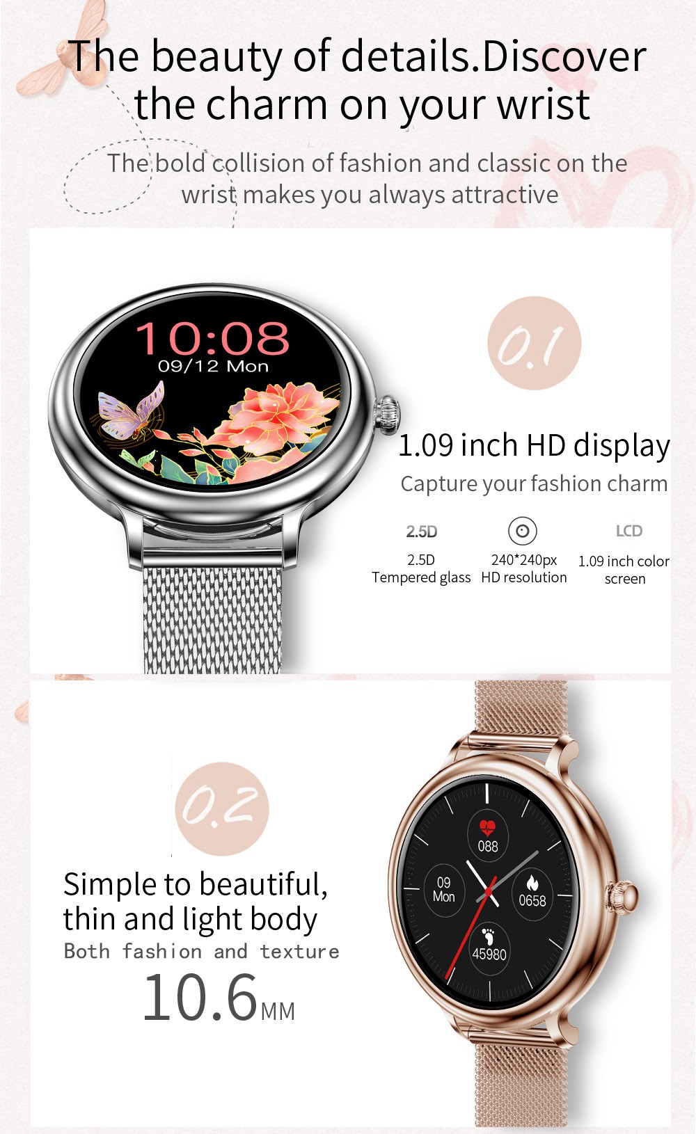 SENBONO NY33 Women Smartwatch Full Touch Screen Sports Watch IP68 Waterproof Fitness Tracker for iOS Android Gold