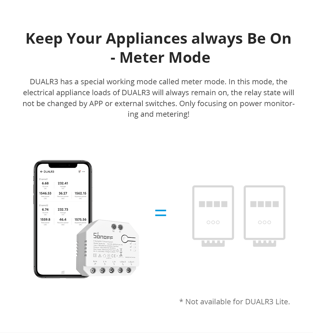 SONOFF DUAL R3 Dual Relay Wi-Fi Smart Curtain Switch with Power Metering Voice/APP Remote Control Double 2-Way DIY Switc