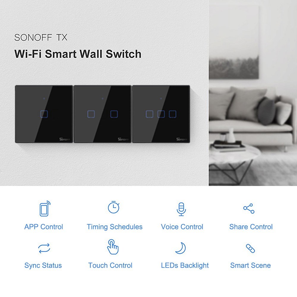 SONOFF T3EU2C Intelligent Switch AC 100-240V 2 Gang TX Series WIFI Wall Switch 433Mhz RF Remote Controlled Wifi Switch