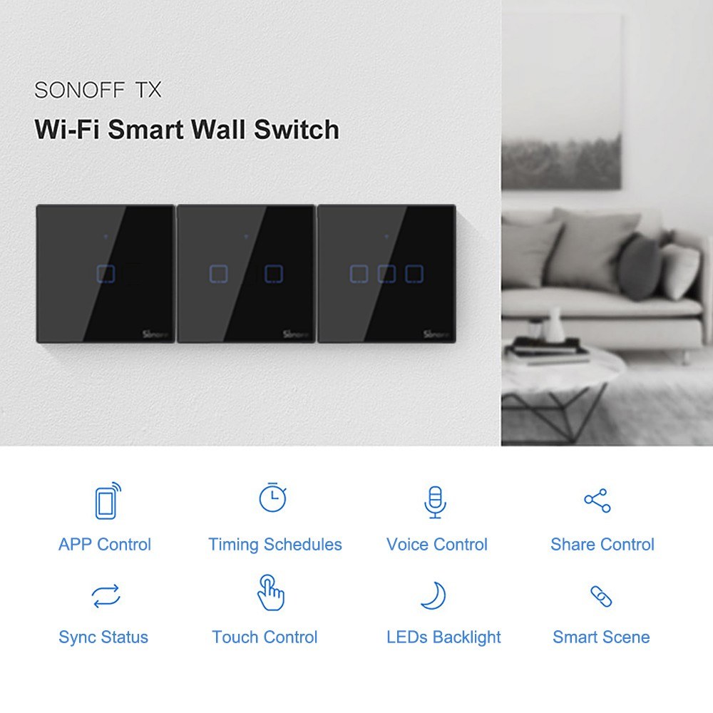 SONOFF T3EU3C Intelligent Switch AC 100-240V 2 Gang TX Series WIFI Wall Switch 433Mhz RF Remote Controlled Wifi Switch