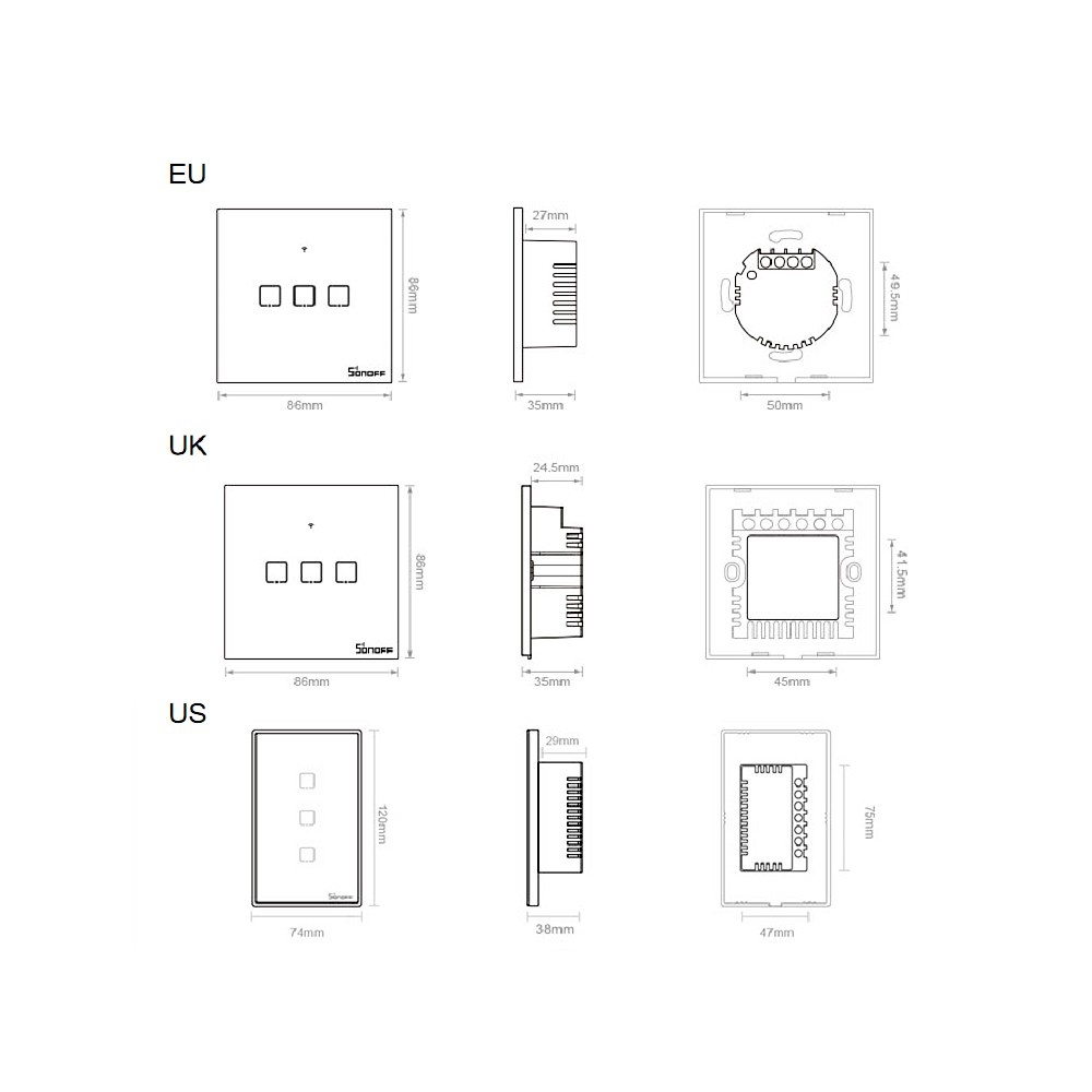 SONOFF T3EU3C Intelligent Switch AC 100-240V 2 Gang TX Series WIFI Wall Switch 433Mhz RF Remote Controlled Wifi Switch