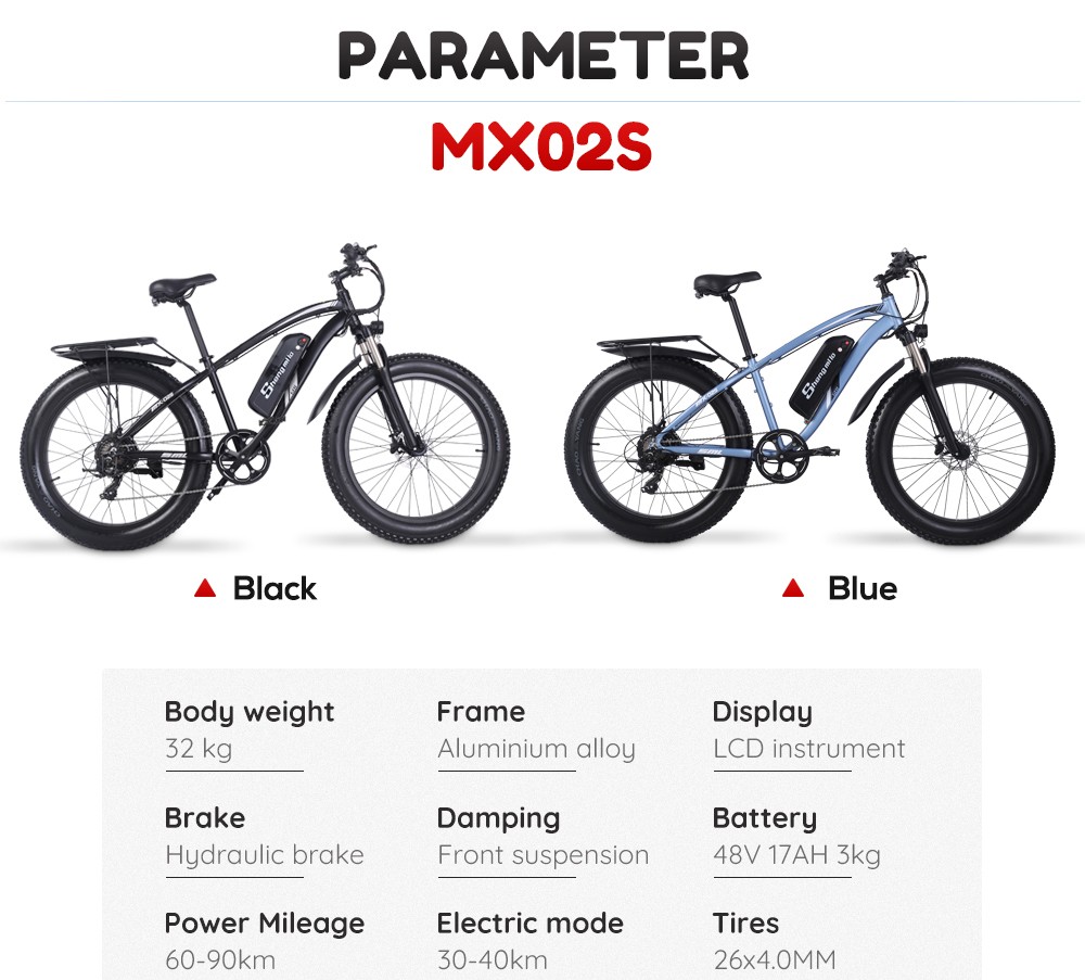 Shengmilo MX02S 1000W 48V 17Ah 26'' E-bike 40km/h Max Speed 40-50km Mileage Range 150kg Max Load - Black