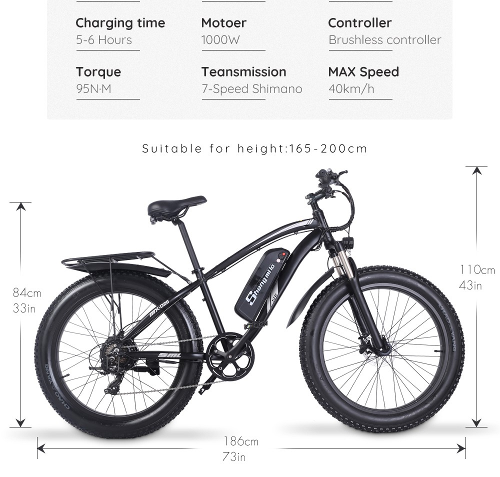 Shengmilo MX02S 1000W 48V 17Ah 26'' E-bike 40km/h Max Speed 40-50km Mileage Range 150kg Max Load - Black