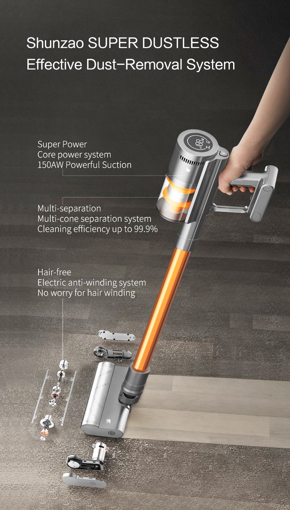 Shunzao Z11 MAX Hand-held Cordless Vacuum Cleaner 150AW Suction Power 26KPA 125000 RPM 2500mAh - Πορτοκαλί