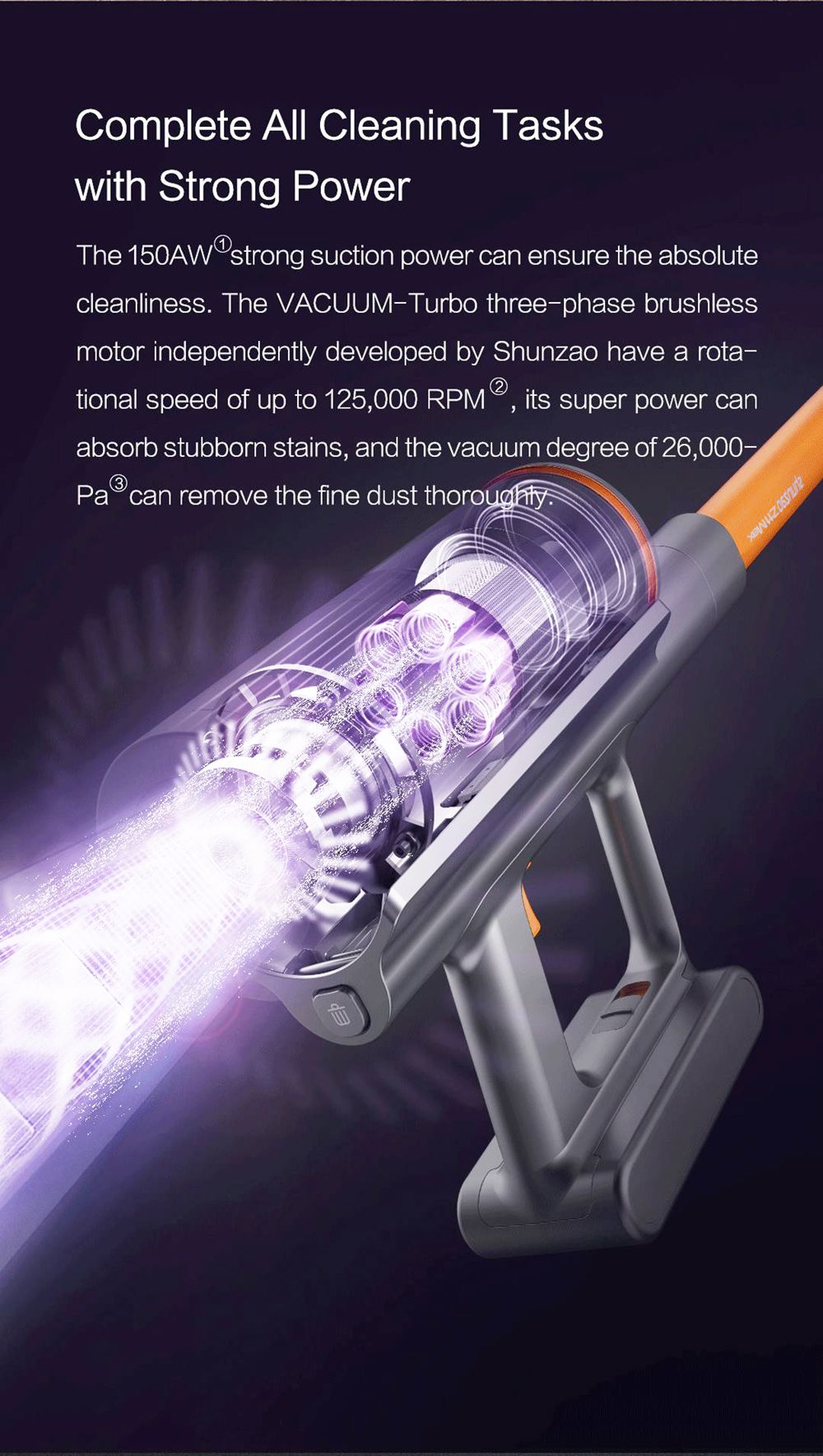 Shunzao Z11 MAX Hand-held Cordless Vacuum Cleaner 150AW Suction Power 26KPA 125000 RPM 2500mAh - Πορτοκαλί
