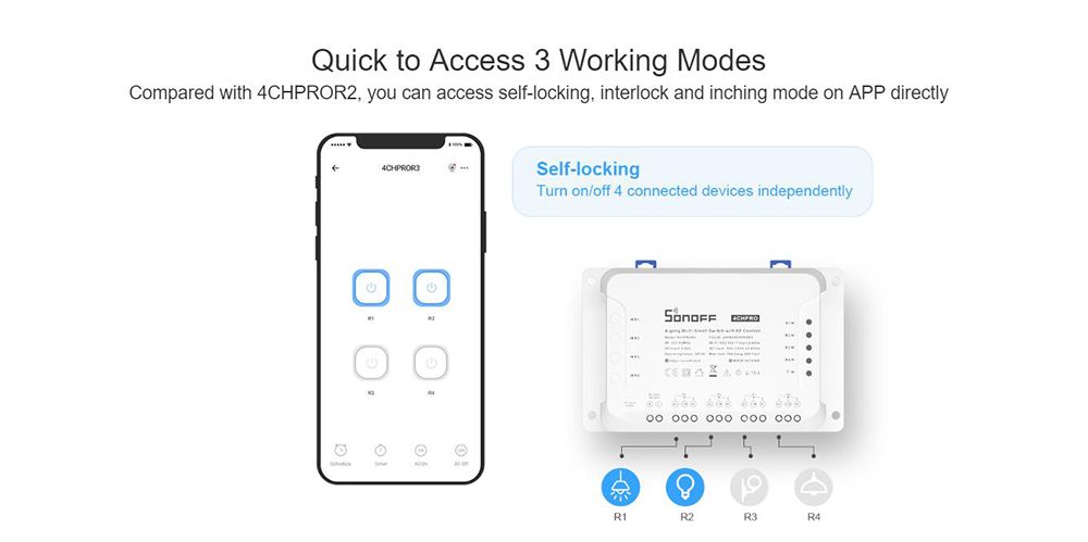 Sonoff 4CH R3 4 Gang WiFi Smart Switch 3 Working Mode Inter lock Inching Self-Locking Smart Home DIY Switch Via Ewelink