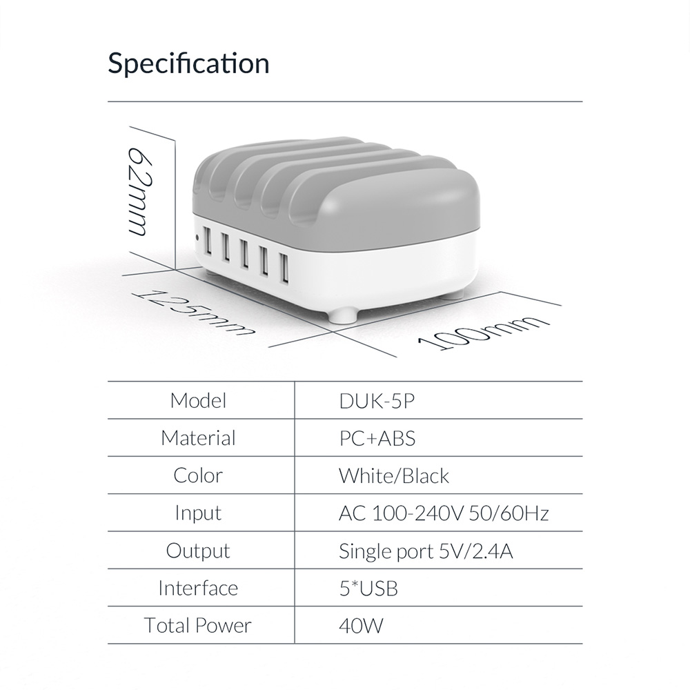 ORICO DUK-5P 40W 5 Port USB Smart Charging Station with Phone & Tablet