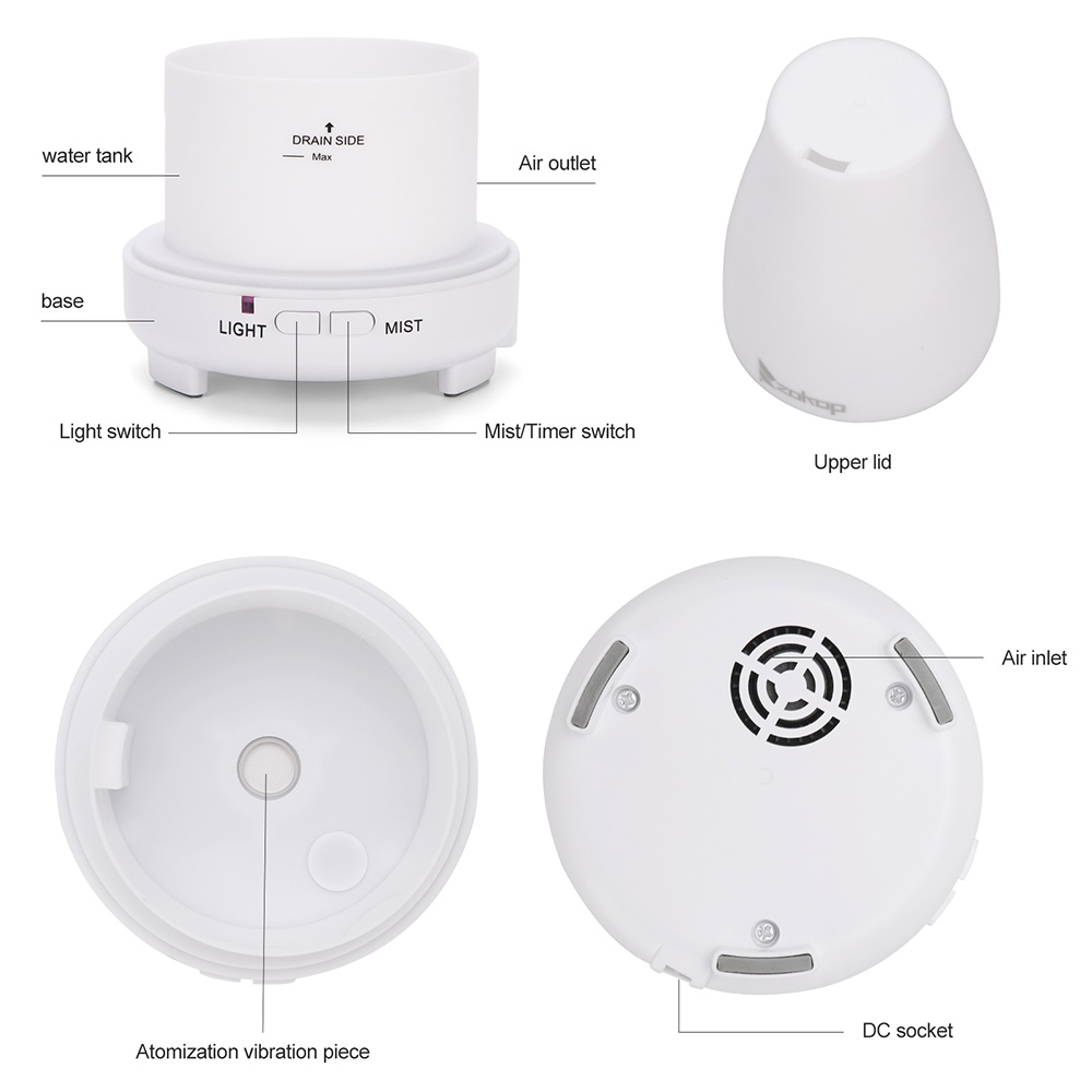 ZOKOP 2368YK 200ML Essential Oil Diffuser Cool Mist Humidifier Perfume Diffuser with 2 Misting Modes 7 Colors Mood Light