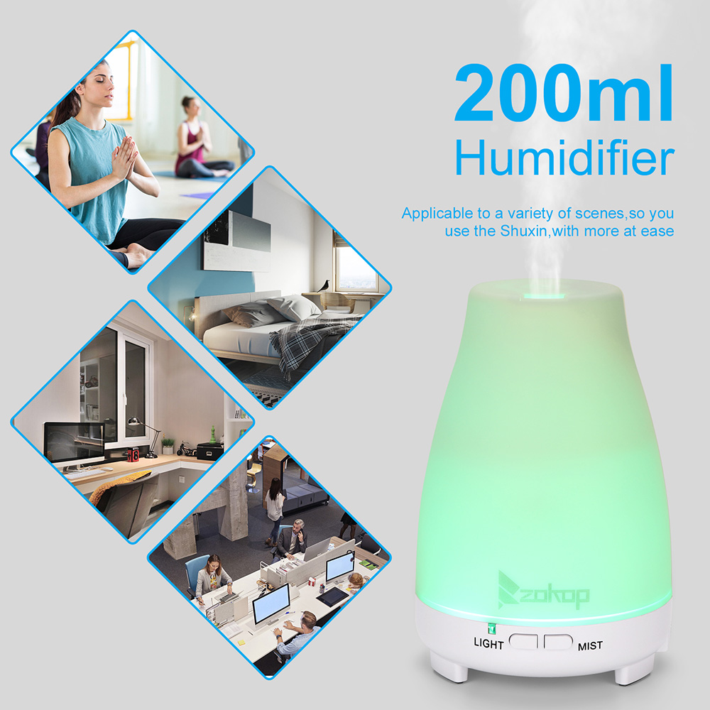 ZOKOP 2368YK 200ML Essential Oil Diffuser Cool Mist Humidifier Perfume Diffuser with 2 Misting Modes 7 Colors Mood Light