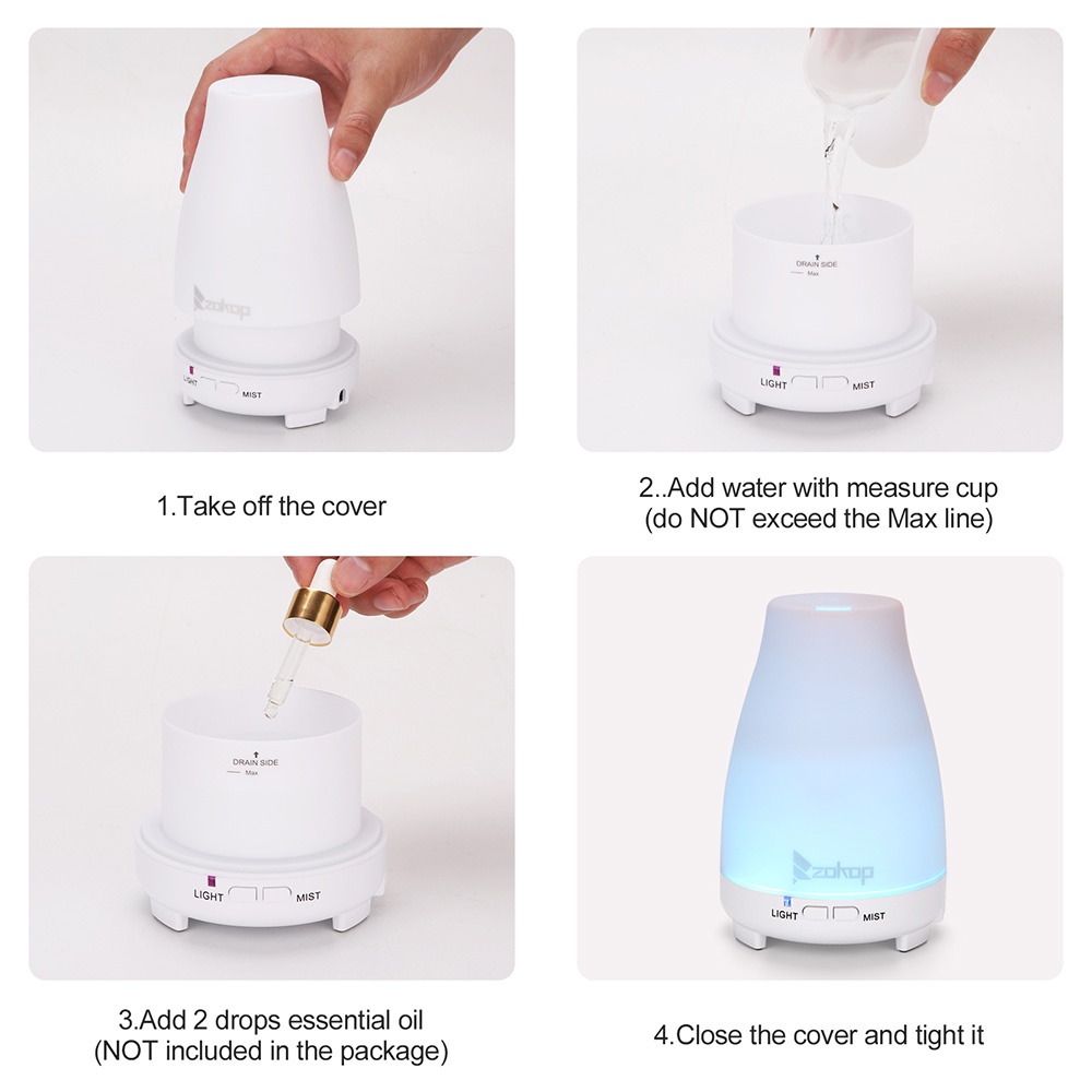 ZOKOP 2368YK 200ML Essential Oil Diffuser Cool Mist Humidifier Perfume Diffuser with 2 Misting Modes 7 Colors Mood Light