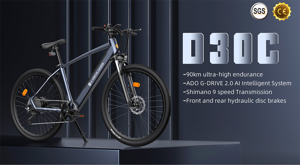 ADO D30C 36V 10.4Ah 250W 27.5in Electric Power Assist Bicycle 25km/h Max Speed 90km Mileage 9 Speed City Electric Bike Grey