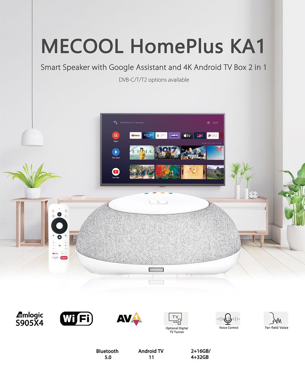 MECOOL KA1 Home Plus Google Assistant Smart Home Controller with Android TV 4K Streaming Amlogic S905X4 4G RAM 32 ROM