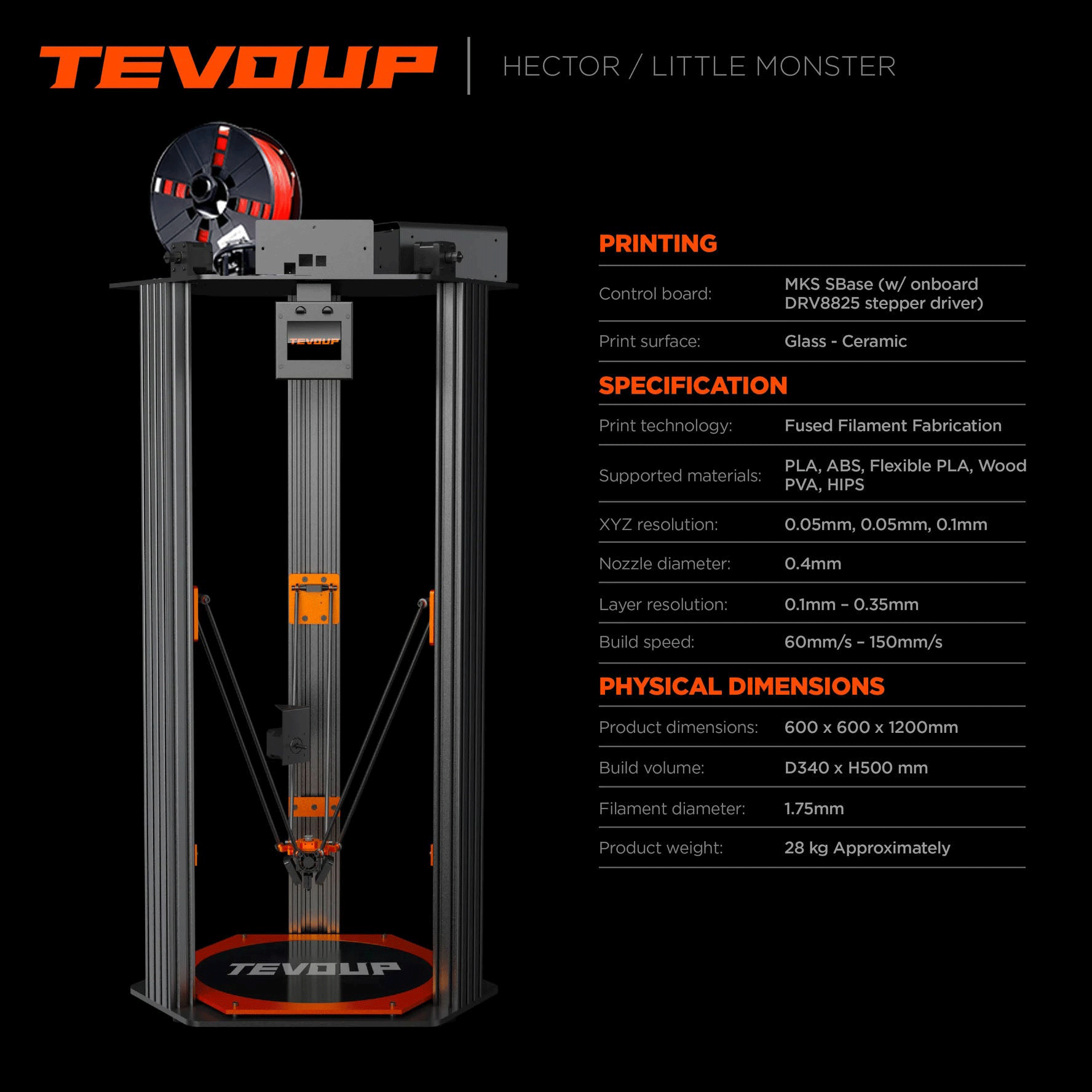 TEVOUP Little Monster Delta 3D Printer, Print Speed Max 300 mm/s, Auto Leveling, Titan Extruder with Volcano nozzle, Full CNC Structure, 80% Pre-assembled,  Prints PLA ABS Flexible PLA HIPS WOOD PVA Nylon, Build Size 340*500mm