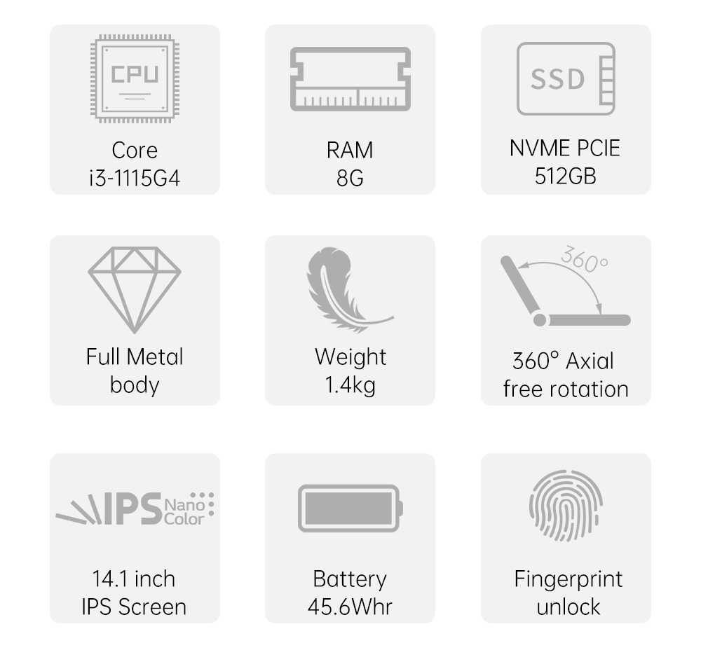 Ordinateur portable KUU FLEXONES Windows 11 Intel i3 1115G4 14.1 ''écran tactile IPS 8GB DDR4 512GB PCIE SSD Notebook