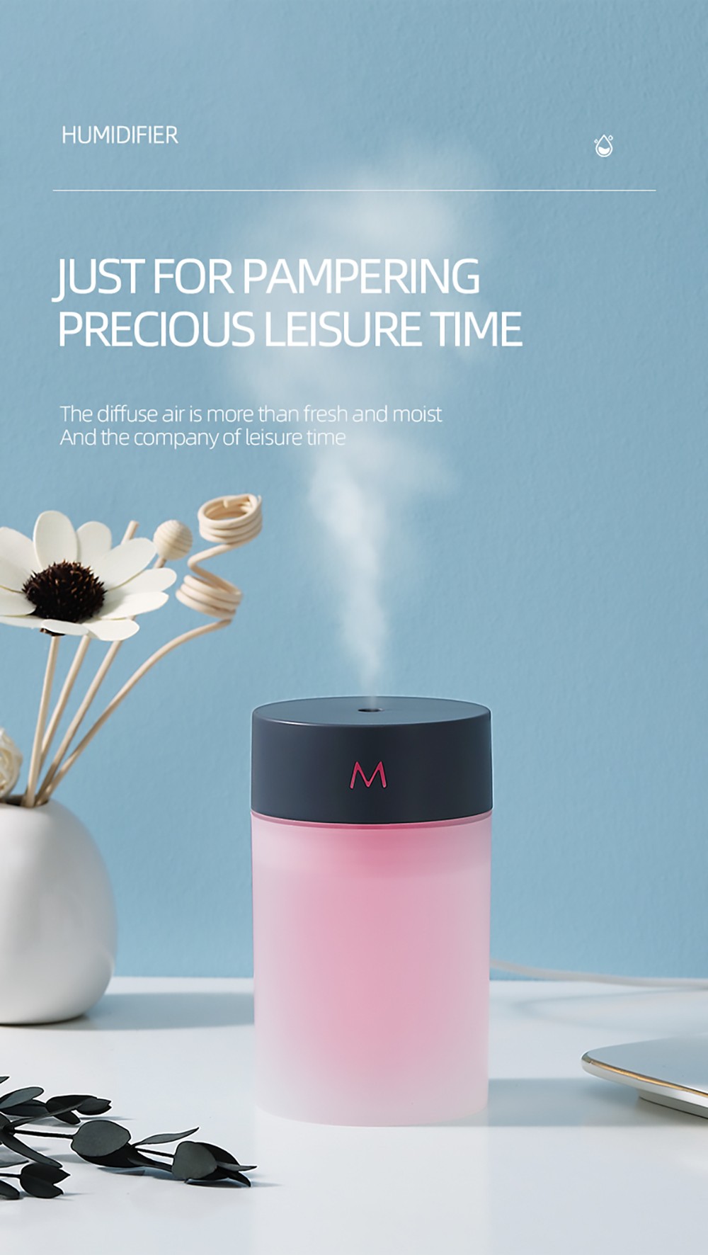 260ML Air Humidifier Ultrasonic Mini Aromatherapy Diffuser Portable Sprayer USB Essential Oil Atomizer LED Lamp - White