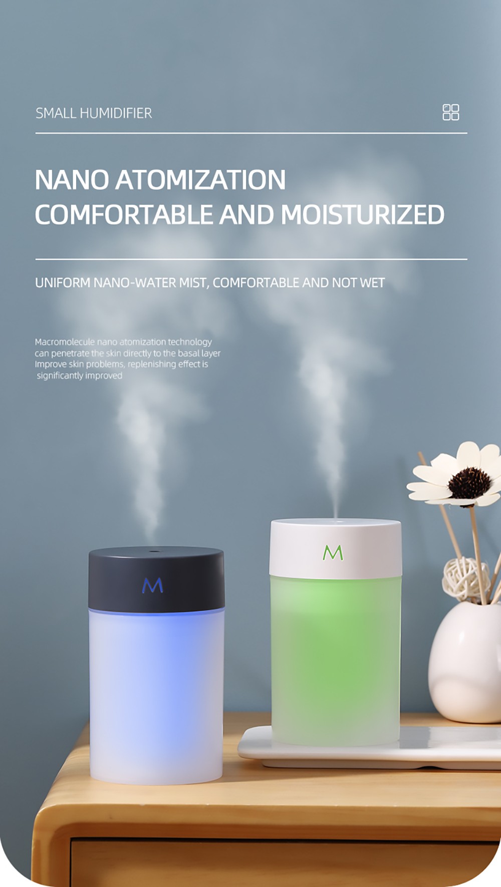 260ML Air Humidifier Ultrasonic Mini Aromatherapy Diffuser Portable Sprayer USB Essential Oil Atomizer LED Lamp - White
