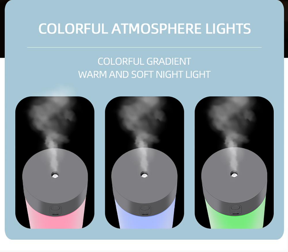 260ML Air Humidifier Ultrasonic Mini Aromatherapy Diffuser Portable Sprayer USB Essential Oil Atomizer LED Lamp - Gray