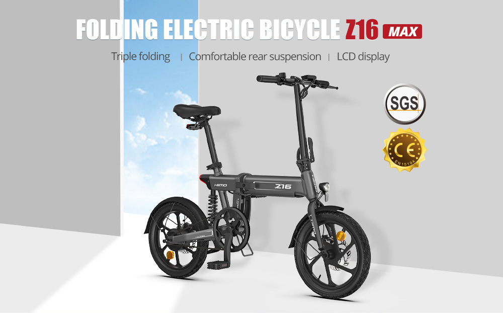 HIMO Z16 MAX Folding Electric Bicycle 16 Inch 250W Hall Brushless DC Motor Dual Disc Brake Up To 80km Range Max Speed 25km/h 10Ah Battery IPX7 Waterproof Smart Display - Gray