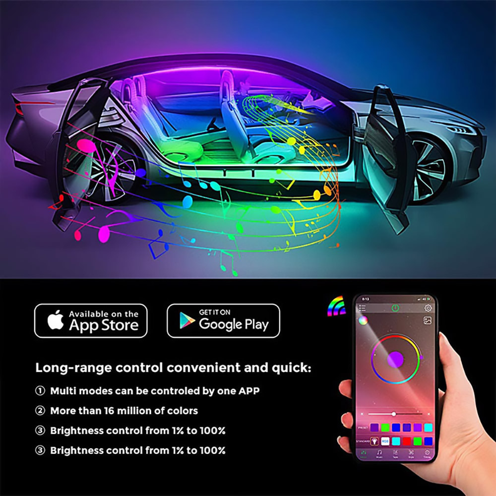 5050RGB LED Car Underfoot Atmosphere Light Belt with Wireless Bluetooth Music APP Control