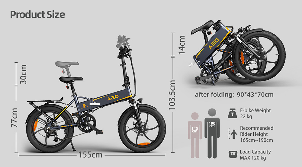 ADO A20 XE 250W Electric Bike Folding Frame 7-Speed Gears Removable 10.4 AH Lithium-Ion Battery E-bike - Black