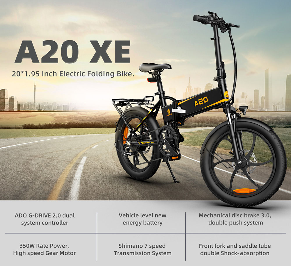 ADO A20 XE 250W Electric Bike Folding Frame 7-Speed Gears Removable 10.4 AH Lithium-Ion Battery E-bike - Grey